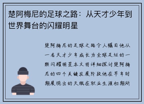楚阿梅尼的足球之路：从天才少年到世界舞台的闪耀明星